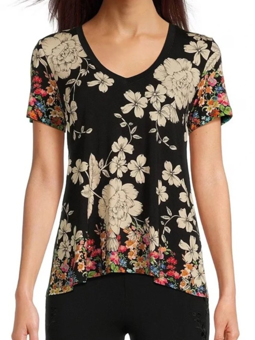 JOHNNY WAS Redland Favorite Bamboo Stretch Knit Floral Print V-Neck Short Sleeve